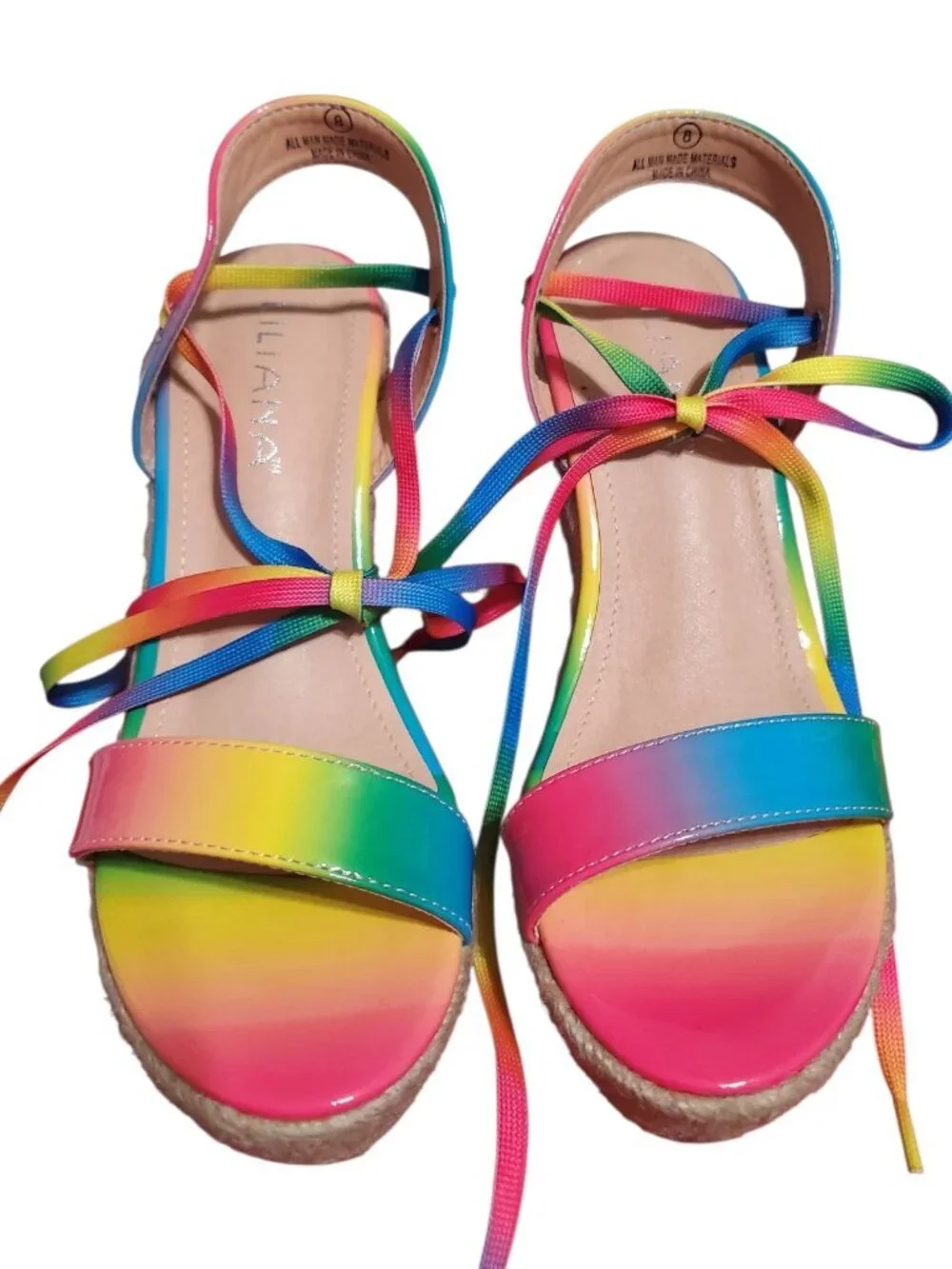 Liliana Emilia 3 Rainbow Espadrille Wedge Sandals With Tie-Up Straps Multicolor